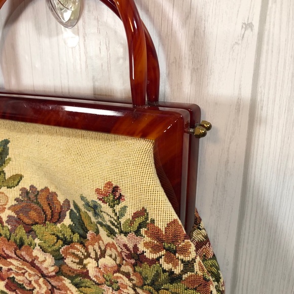 Vintage Floral Tapestry Purse, Lucite Handles - Picture 5 of 6